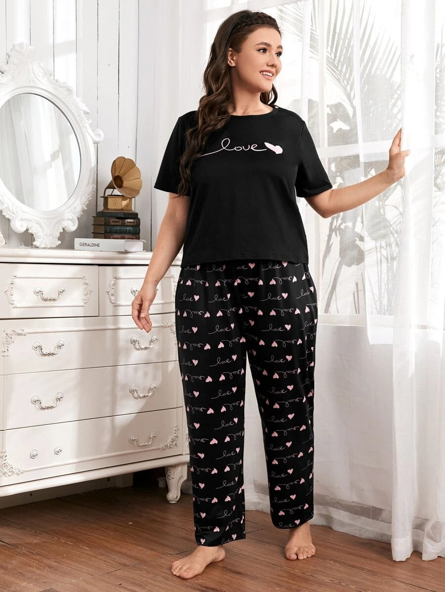 Black Love Printed Half-Sleeve T-Shirt with Cute Mini Heart Printed Trousers – Women's Nightwear Set