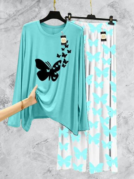 Aqua Blue Flying Butterflies Printed Nightwear Set with Butterfly Printed Trousers – Women's Lounge Wear (003)