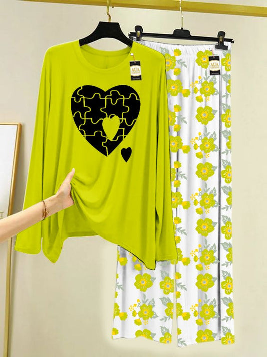 Light Green Puzzle Heart Printed Nightwear Set with Flower Printed Trousers – Women's Lounge Wear (005)