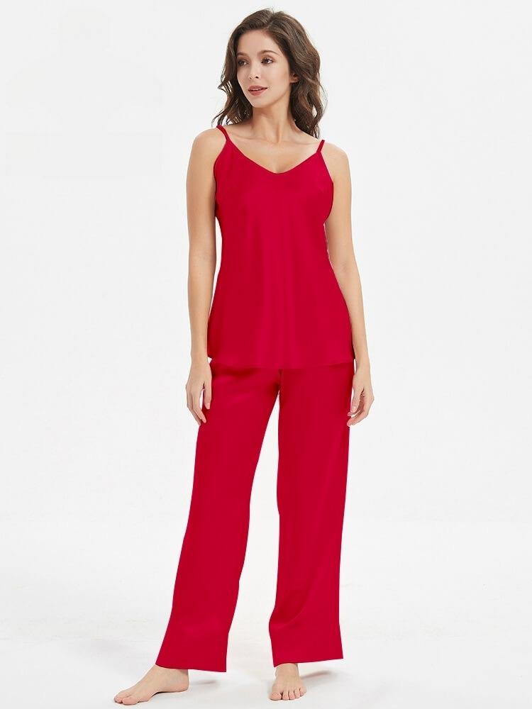 Sleeveless Silk Nighty Comfortable Cami Pajama Set Red