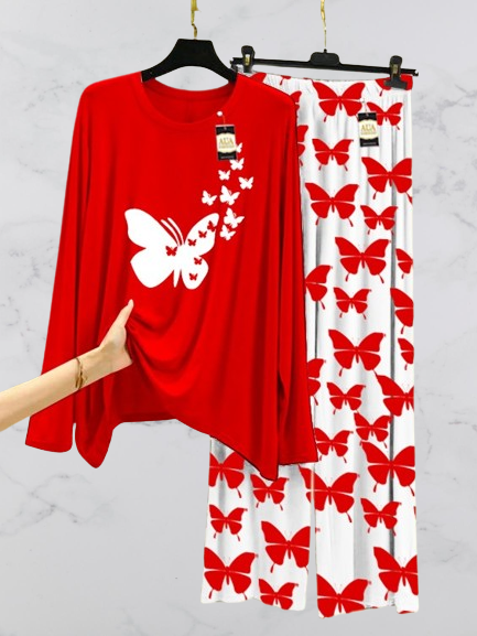 Red Flying Butterflies Printed Nightwear Set with Butterfly Printed Trousers – Women's Lounge Wear (003)(