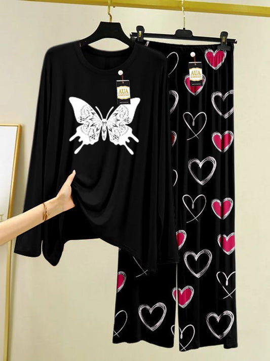 Butterfly Printed Black Color Heart Printed Trouser Lounge wear Nightwear Sleepwear With Heart Prinred Trouser For Women By Auagarments (004)