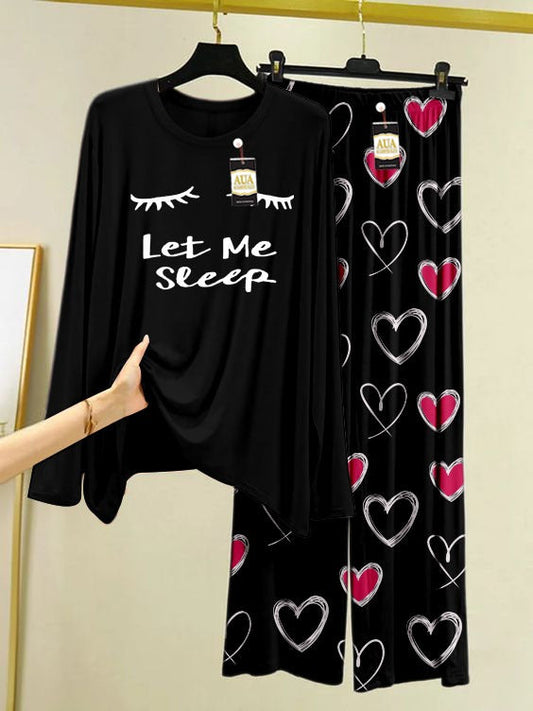 Let Me Sleep Printed Black Heart Printed Trouser Color Lounge wear Nightwear Sleepwear With Heart Prinred Trouser For Women By Auagarments(004)