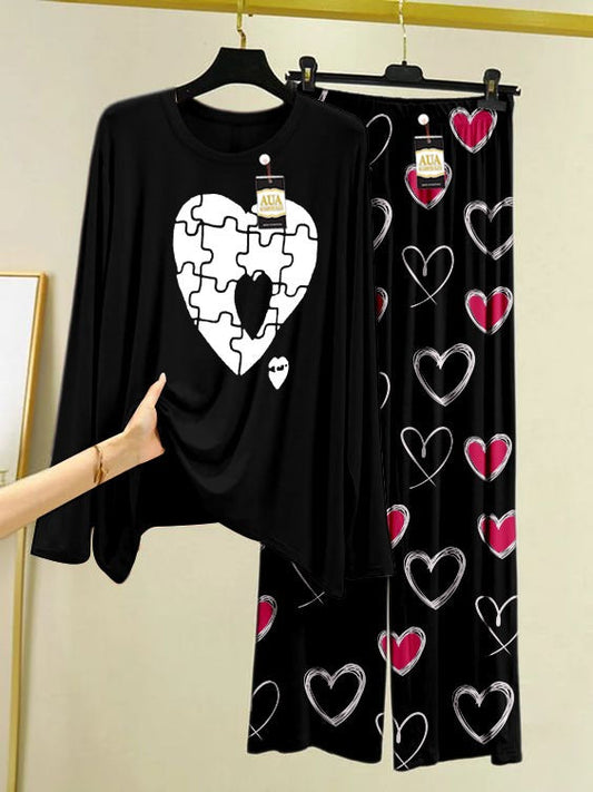 Puzzel Heart Printed Black Color Heart Printed Trouser Lounge wear Nightwear Sleepwear With Heart Prinred Trouser For Women By Auagarments (004)
