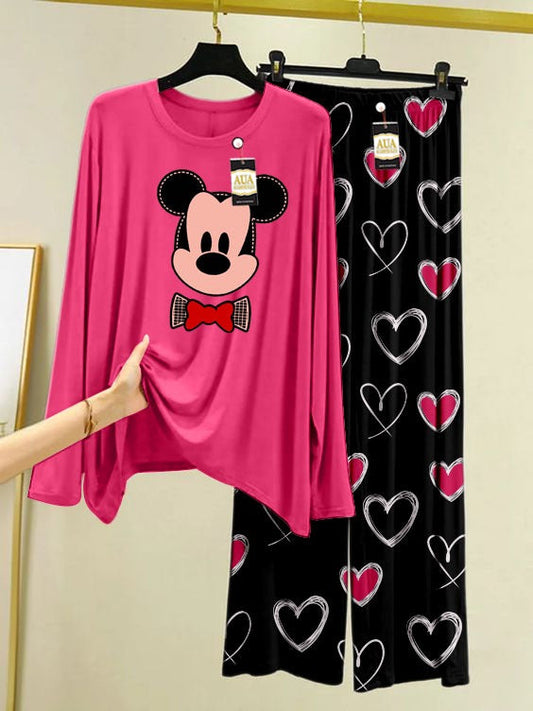 Mickey Printed Pink Color Heart Printed Trouser Lounge wear Nightwear Sleepwear With Heart Prinred Trouser For Women By Auagarments (004)