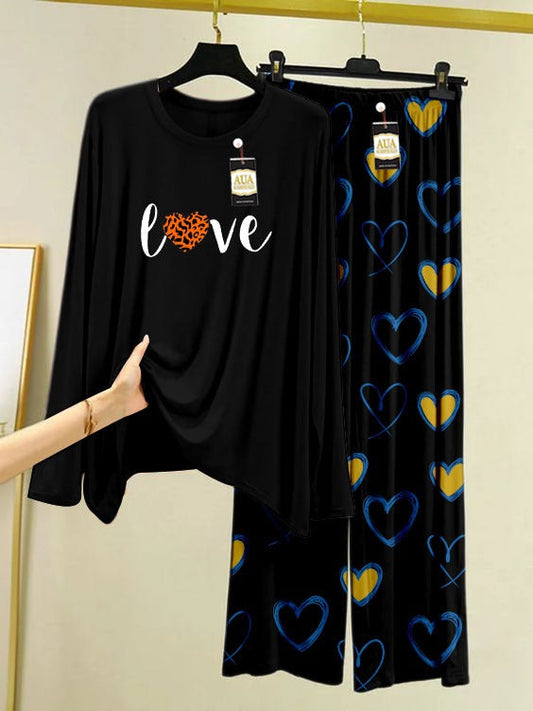 Love Printed Black Color Heart Printed Trouser Lounge wear Nightwear Sleepwear With Heart Prinred Trouser For Women By Auagarments (004)