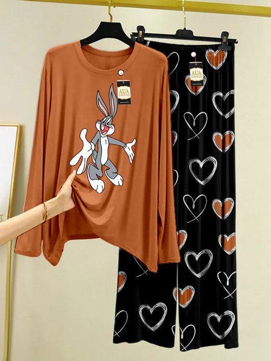 Bunny Printed Beige Color Heart Printed Trouser Lounge wear Nightwear Sleepwear With Heart Prinred Trouser For Women By Auagarments (004)