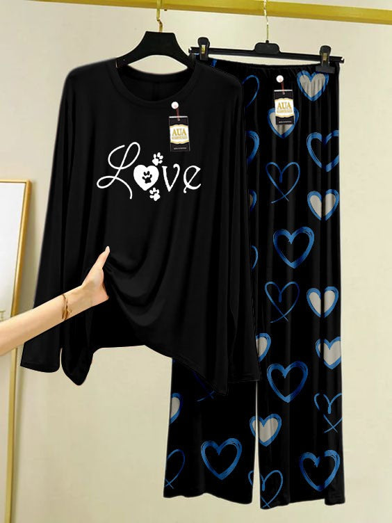 Love Printed Black Color Heart Printed Trouser Lounge wear Nightwear Sleepwear With Heart Prinred Trouser For Women By Auagarments (004)