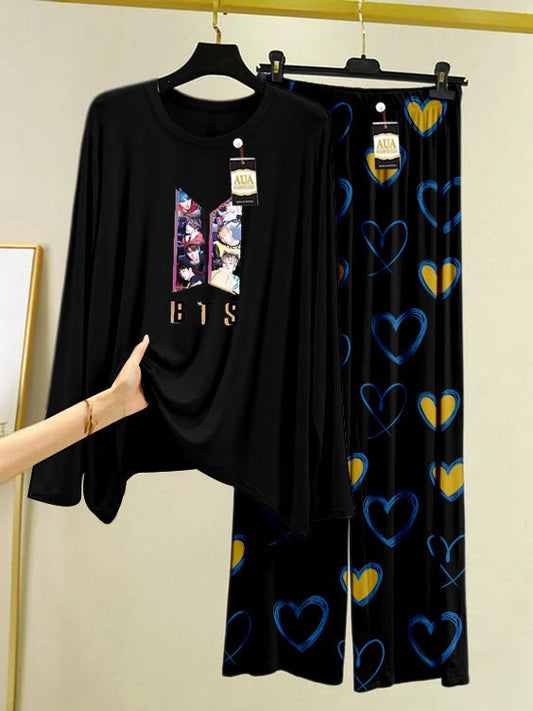 BTS Printed Black Color Heart Printed Trouser Lounge wear Nightwear Sleepwear With Heart Prinred Trouser For Women By Auagarments (004)