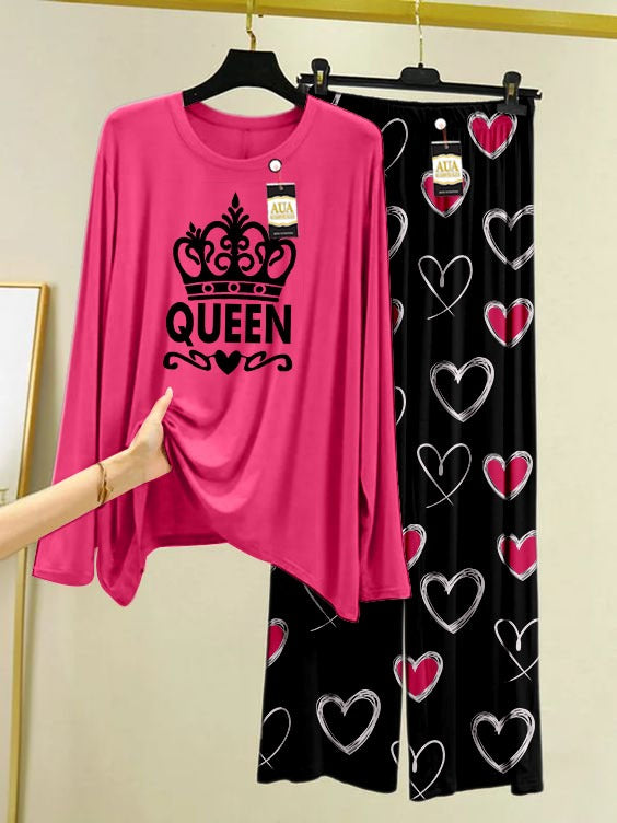 Queen Printed Pink Color Heart Printed Trouser Lounge wear Nightwear Sleepwear With Heart Prinred Trouser For Women By Auagarments (004)
