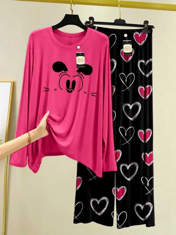 Mickey Printed Pink Color Heart Printed Trouser Lounge wear Nightwear Sleepwear With Heart Prinred Trouser For Women By Auagarments (004)
