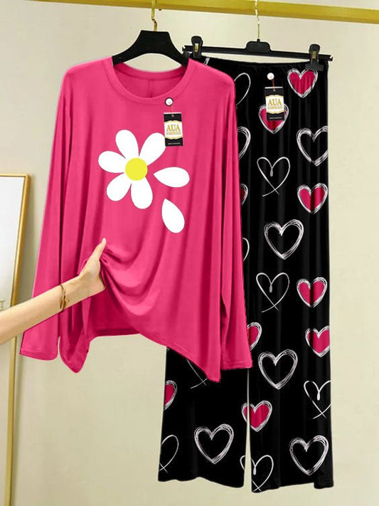 Sun Folwer Printed Pink Color Heart Printed Trouser Lounge wear Nightwear Sleepwear With Heart Prinred Trouser For Women By Auagarments (004)