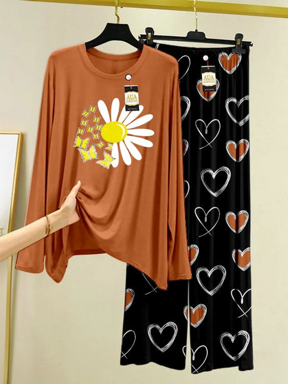 Sun Flower Printed Beige Color Heart Printed Trouser Lounge wear Nightwear Sleepwear With Heart Prinred Trouser For Women By Auagarments (004)