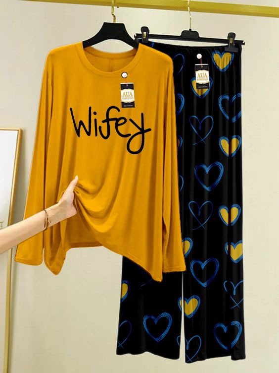 Wifey Printed Mustard Color Lounge wear Nightwear Sleepwear With Heart Prinred Trouser For Women By Auagarments (004)