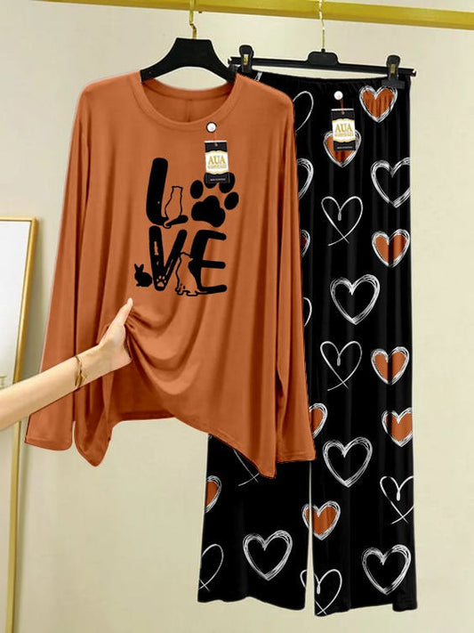 Love Printed Beige Color Heart Printed Trouser Lounge wear Nightwear Sleepwear With Heart Prinred Trouser For Women By Auagarments (004)