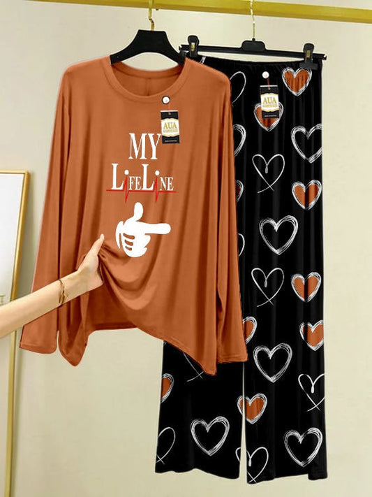 My Life Line Printed Beige Color Heart Printed Trouser Lounge wear Nightwear Sleepwear With Heart Prinred Trouser For Women By Auagarments (004)