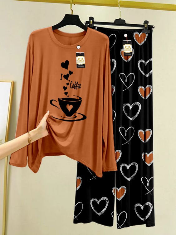 I Love Coffe Printed Beige Color Lounge wear Nightwear Sleepwear With Heart Prinred Trouser For Women By Auagarments (004)