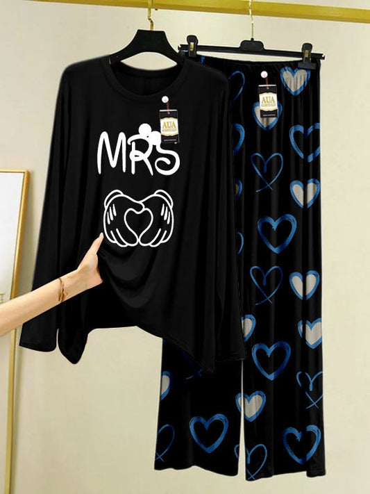 MRS Printed Black Color Heart Printed Trouser Lounge wear Nightwear Sleepwear With Heart Prinred Trouser For Women By Auagarments (004)