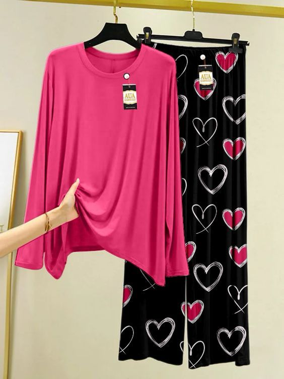 Plain Mustard Heart Printed Pajama Nightwear Sleepwear For Girls And Women (Heart Printed Trouser)(004)