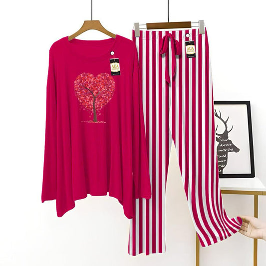 Dark Pink Color Women Tree Printed Night Suit with Luxurious Lining Pajamas - Stylish Sleepwear Set For Women By Aua garments (002)