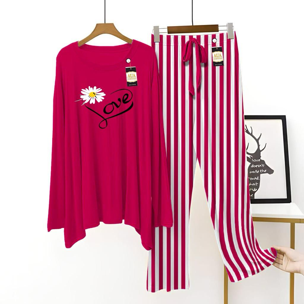 Dark Pink Color Women Love Lining Trouser Printed Night Suit with Luxurious Lining Pajamas - Stylish Sleepwear Set For Women By Aua garments (002)