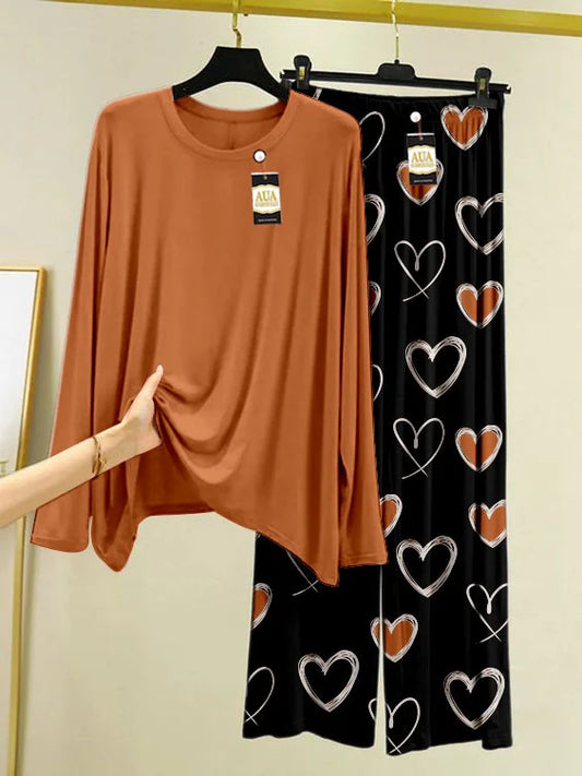 Plain Beige Color Lounge wear Heart Printed Trouser Nightwear Sleepwear With Heart Printed Trouser For Women (004)