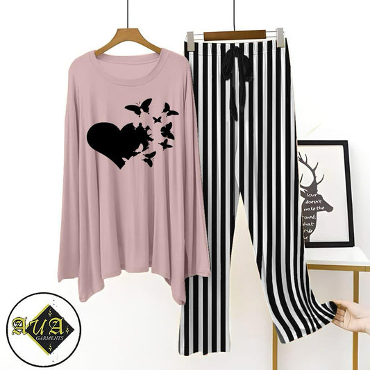 Purple Shirt Black Lining Trouser Printed Night Suit with Luxurious Lining Pajamas Stylish Sleepwear Set for a Cozy Night's Rest (10 Articles)(002)