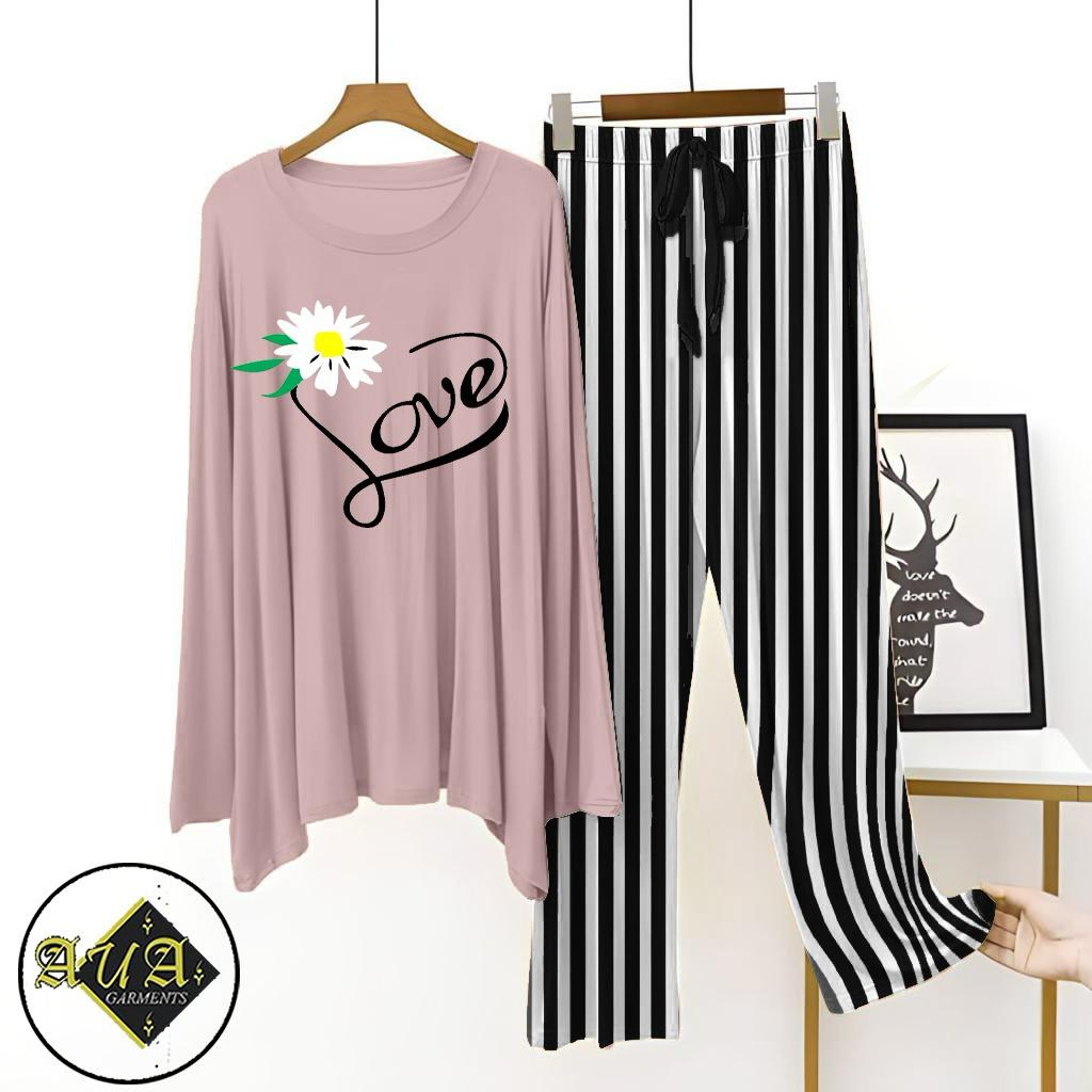 Purple Shirt Black Lining Trouser Printed Night Suit with Luxurious Lining Pajamas Stylish Sleepwear Set for a Cozy Night's Rest (10 Articles)(002)