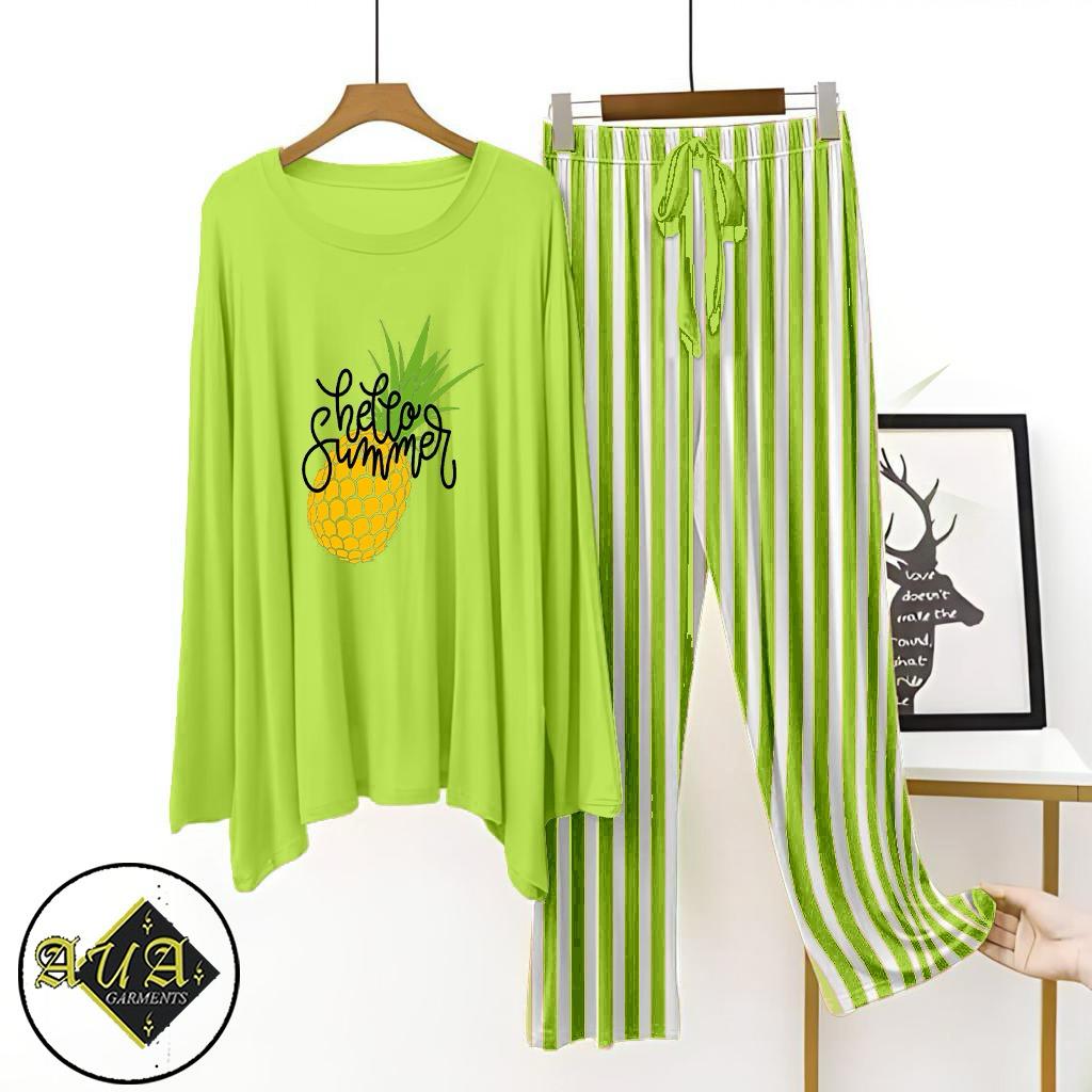 Parrot Green Lining Trouser Printed Night Suit with Luxurious Lining Pajamas Stylish Sleepwear Set for a Cozy Night's Rest (10 Articles) (002)