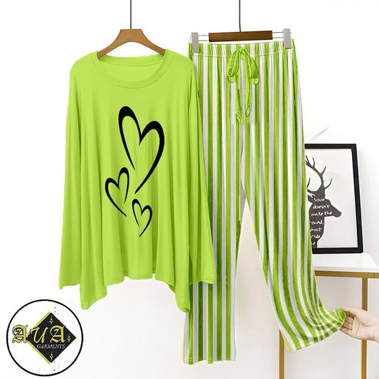 Parrot Green Lining Trouser Printed Night Suit with Luxurious Lining Pajamas Stylish Sleepwear Set for a Cozy Night's Rest (10 Articles) (002)