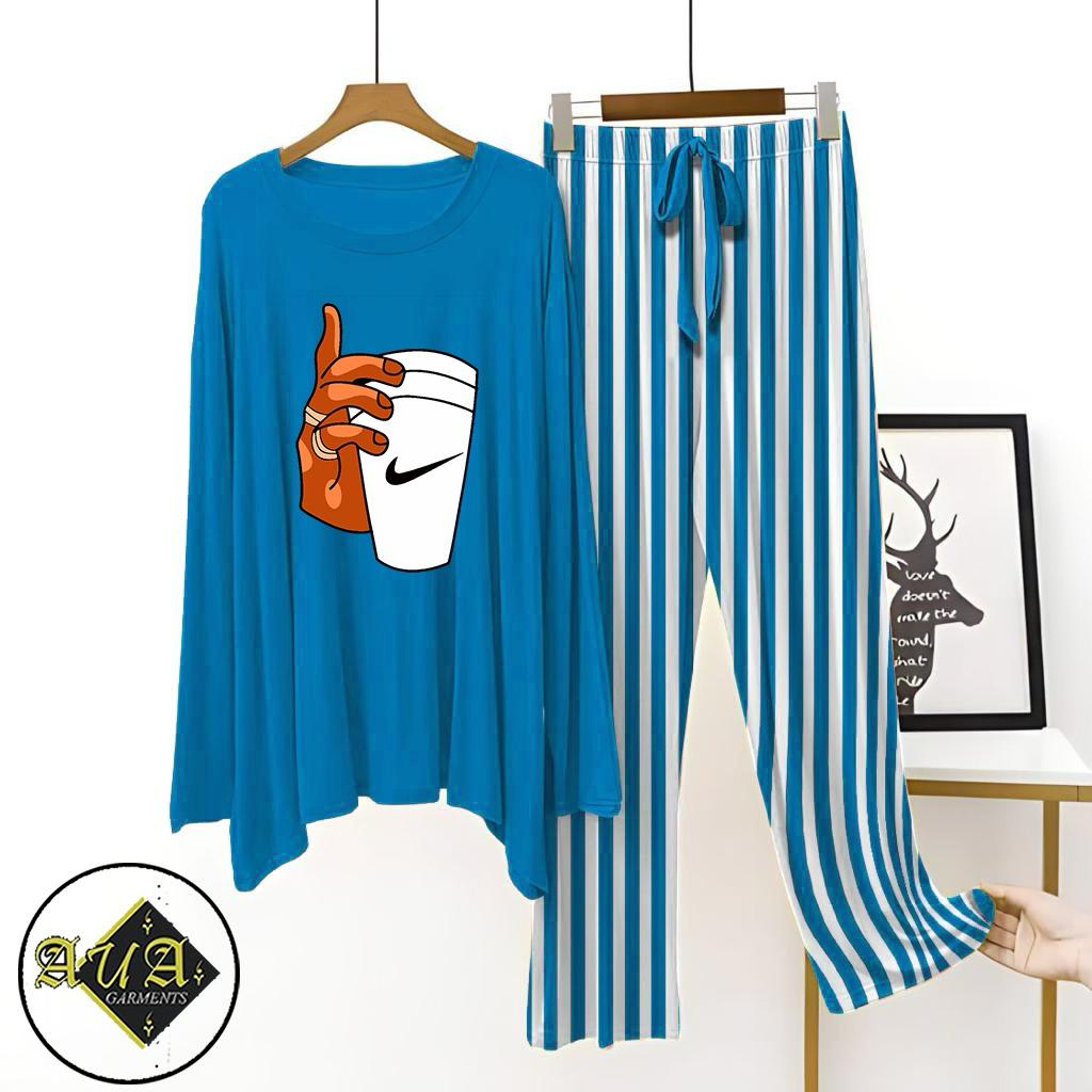 Aqua Blue Lining Trouser Printed Night Suit with Luxurious Lining Pajamas Stylish Sleepwear Set for a Cozy Night's Rest (15 Articles)(002)