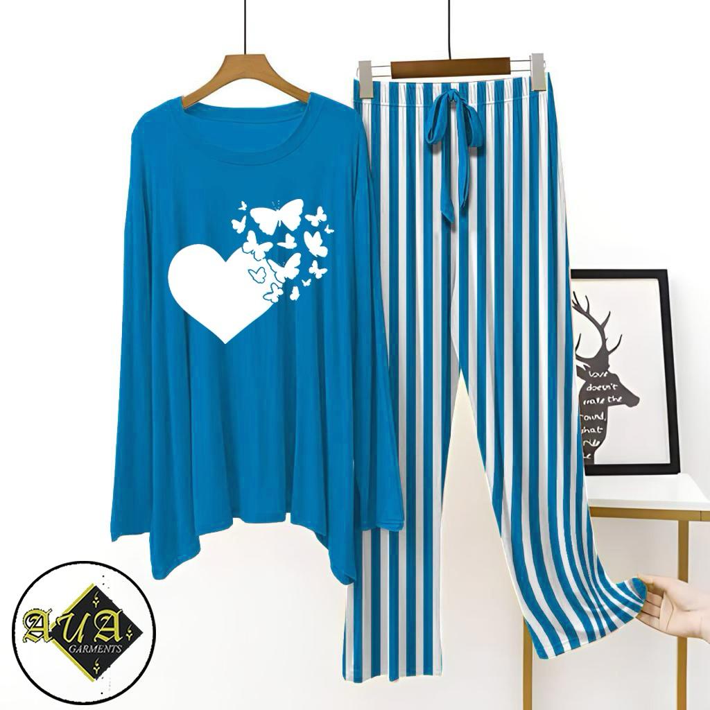 Aqua Blue Lining Trouser Printed Night Suit with Luxurious Lining Pajamas Stylish Sleepwear Set for a Cozy Night's Rest (15 Articles)(002)