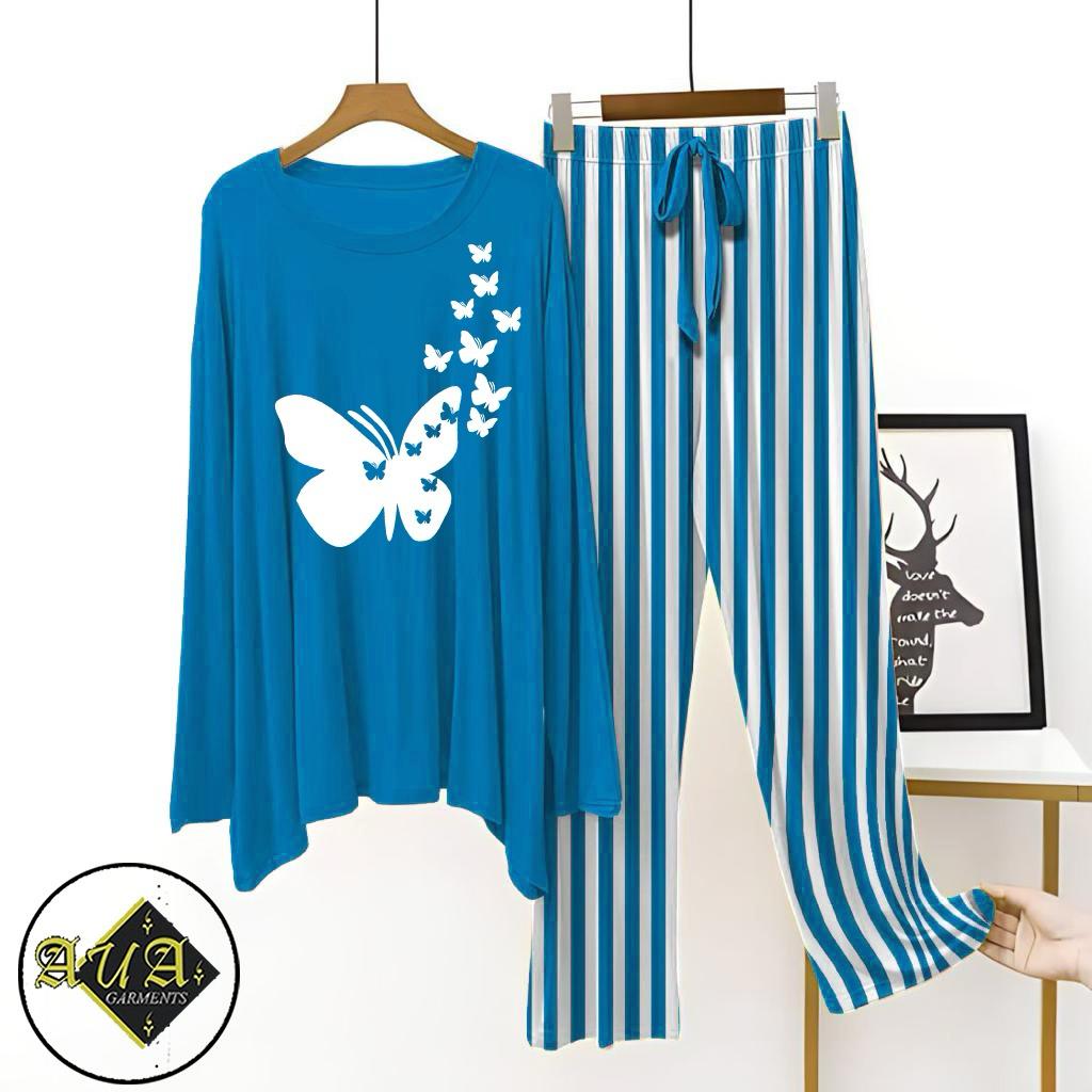 Aqua Blue Lining Trouser Printed Night Suit with Luxurious Lining Pajamas Stylish Sleepwear Set for a Cozy Night's Rest (15 Articles)(002)