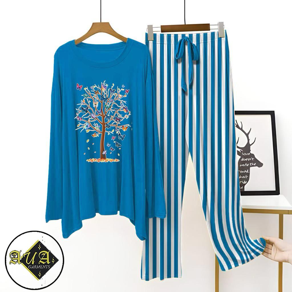 Aqua Blue Lining Trouser Printed Night Suit with Luxurious Lining Pajamas Stylish Sleepwear Set for a Cozy Night's Rest (15 Articles)(002)