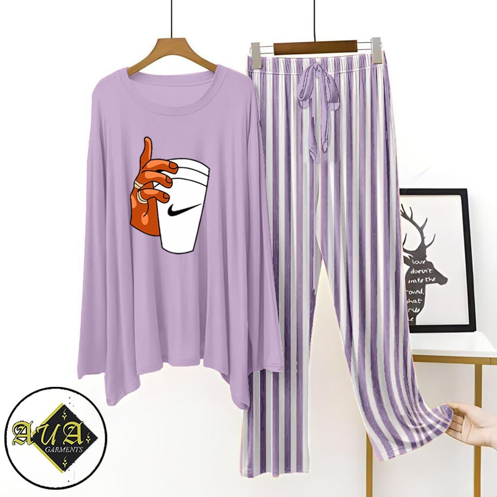 Purple Lining Trouser Printed Night Suit with Luxurious Lining Pajamas Stylish Sleepwear Set for a Cozy Night's Rest (002)
