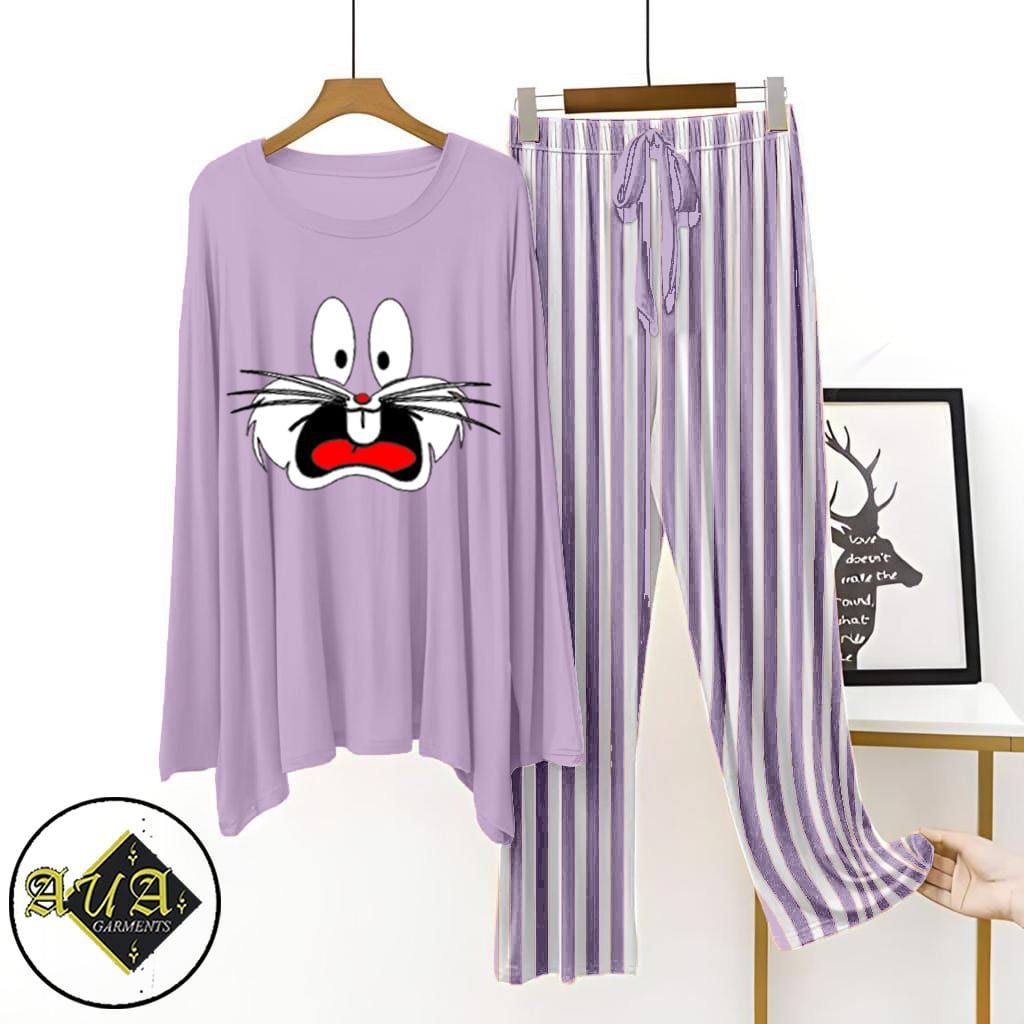 Purple Lining Trouser Printed Night Suit with Luxurious Lining Pajamas Stylish Sleepwear Set for a Cozy Night's Rest (002)