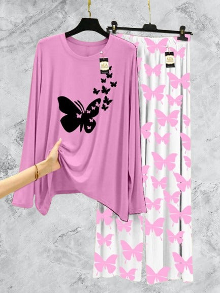Baby Pink Black Flying Butterflies Printed Nightwear Set with Butterfly Printed Trousers – Women's Lounge Wear (003)