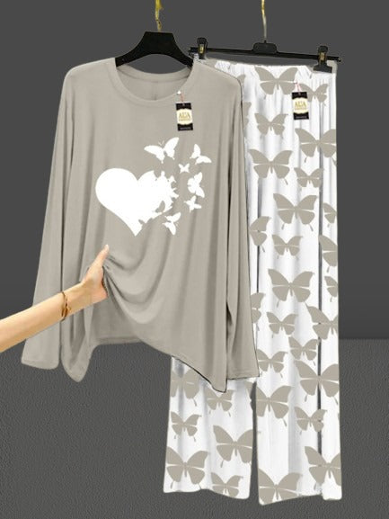 Grey  Flying Butterflies Heart White Printed Nightwear Set with Butterfly Printed Trousers – Women's Lounge Wear (003)