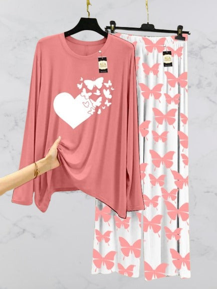 Peach Flying Butterflies White Printed Nightwear Set with Butterfly Printed Trousers – Women's Lounge Wear (003)