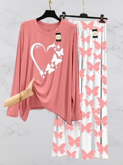 Peach Women Heart White  Printed Nightwear Set with Butterfly Printed Trousers – Women's Lounge Wear (003)