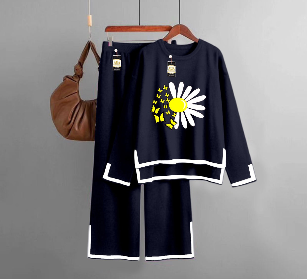 Sun Flower  Printed Turkish Winter Co-Ord Set for Women - Warm & Stylish Loungewear Navy