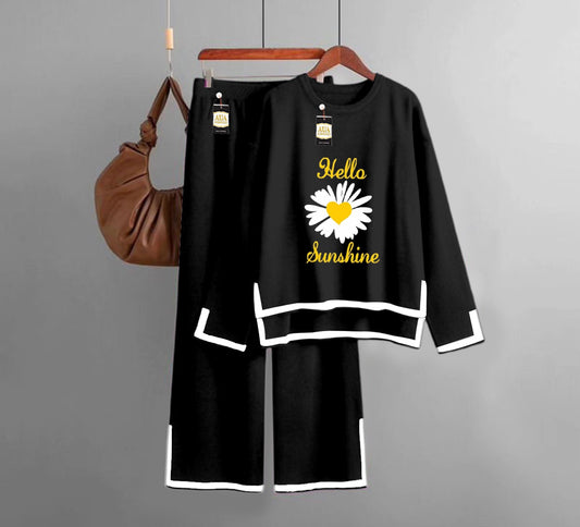 Sun Flower Printed Turkish Winter Co-Ord Set for Women - Warm & Stylish Loungewear Black