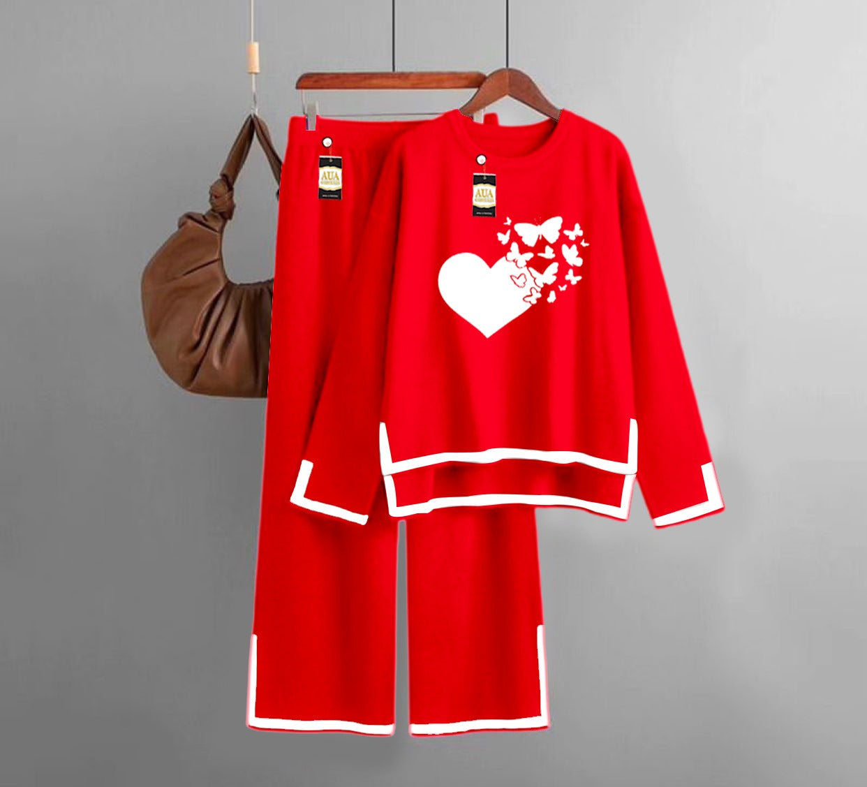 Flying Butterfly Heart Printed Turkish Winter Co-Ord Set for Women - Warm & Stylish Loungewear Red
