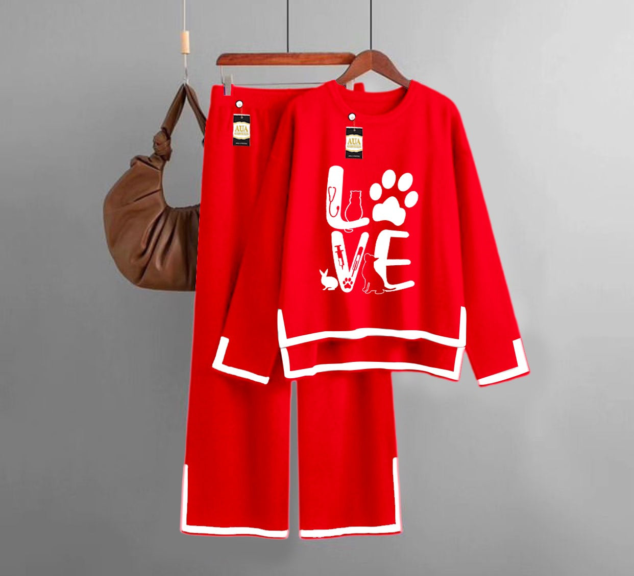 Love Printed Turkish Winter Co-Ord Set for Women - Warm & Stylish Loungewear Red