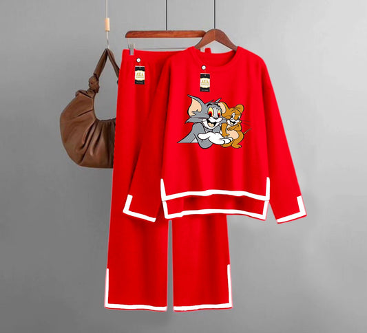 Tom /& Jerry Printed Turkish Winter Co-Ord Set for Women - Warm & Stylish Loungewear Red