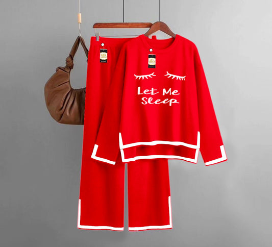 Let Me Slep Printed Turkish Winter Co-Ord Set for Women - Warm & Stylish Loungewear Red