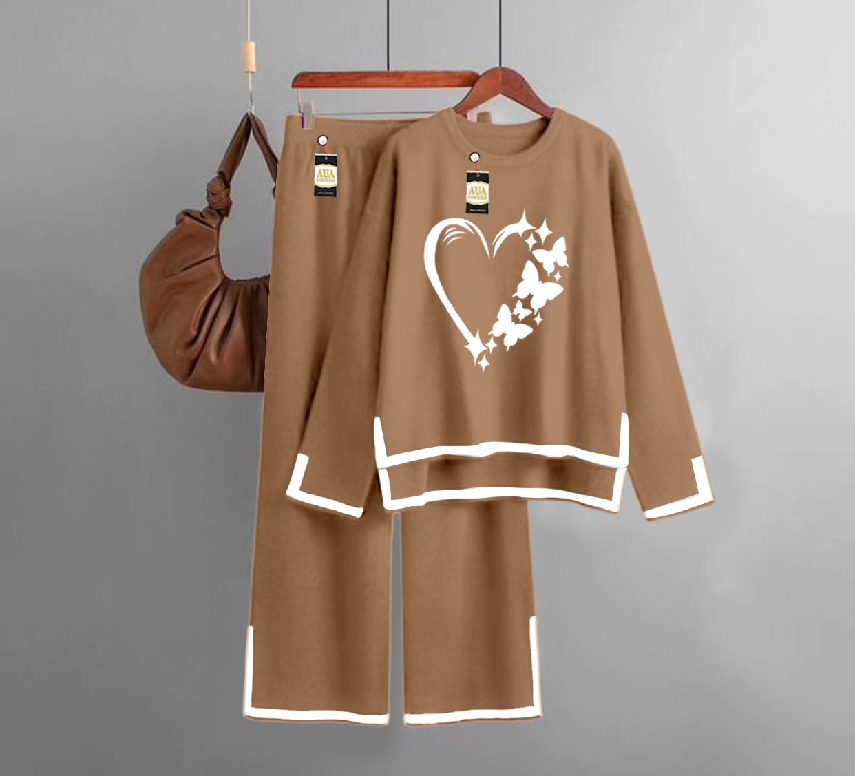 Butterfly Heart Printed Turkish Winter Co-Ord Set for Women - Warm & Stylish Loungewear Beige