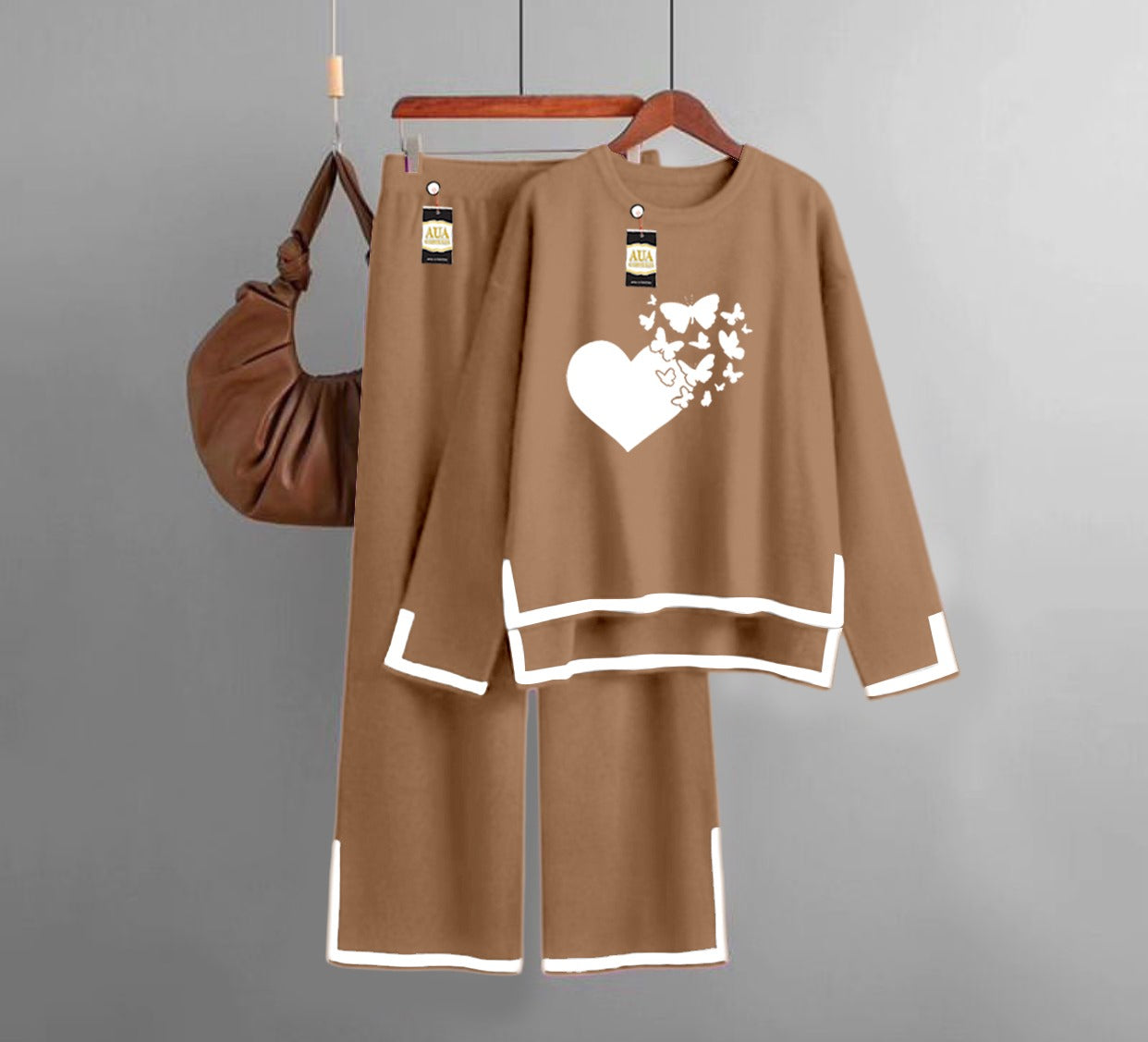 Flying Butterfly Heart Printed Turkish Winter Co-Ord Set for Women - Warm & Stylish Loungewear Beige