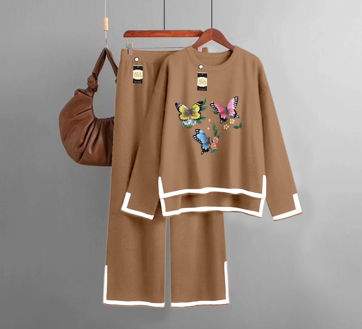 Multi Butterfly Printed Turkish Winter Co-Ord Set for Women - Warm & Stylish Loungewear Beige