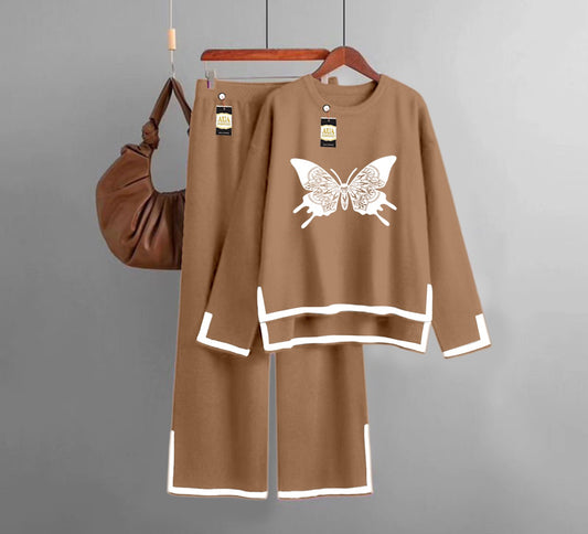 Butterfly Printed Turkish Winter Co-Ord Set for Women - Warm & Stylish Loungewear Beige